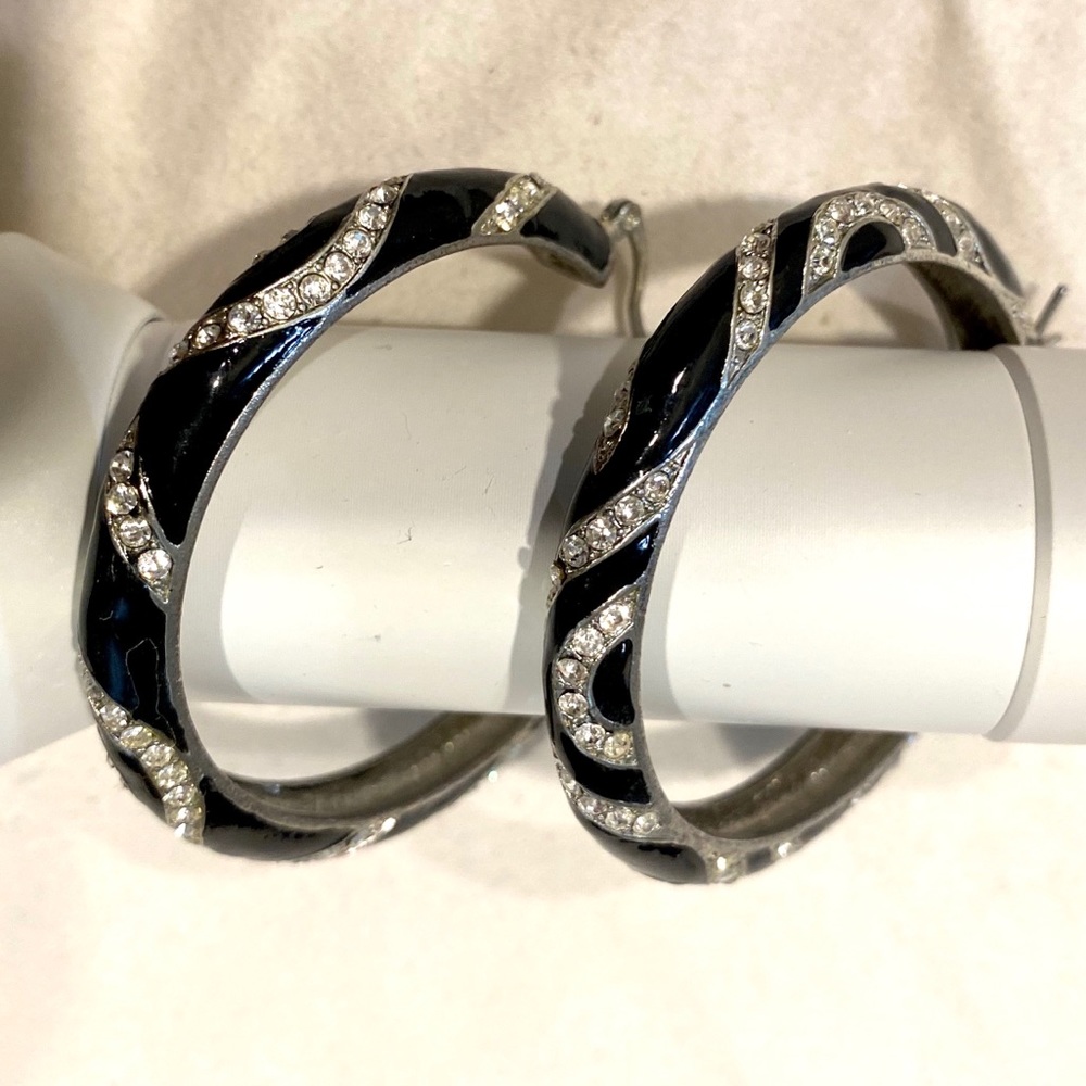Black & rhinestone Zebra print hoop earrings